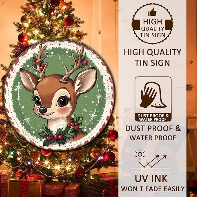 Round Retro Reindeer Metal Tin Sign - Vintage Christmas Decor for Home Coffee Wall - 8 * 8 in