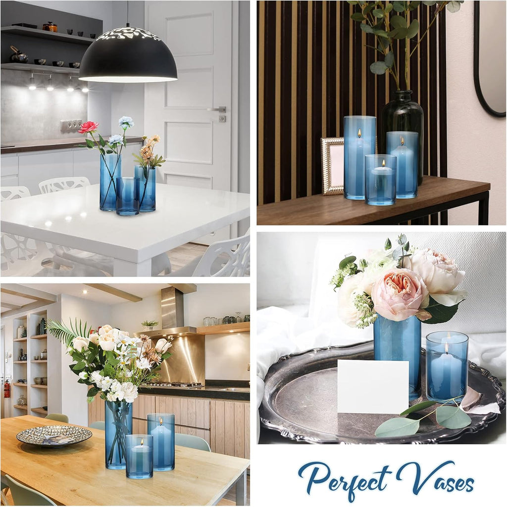 Set of 3 Blue Clear Hurricane Candle Holder Glass Cylinder Vases 6, 8, 10 Inches Height Hurricane Vases for Centerpieces Home Table Decor
