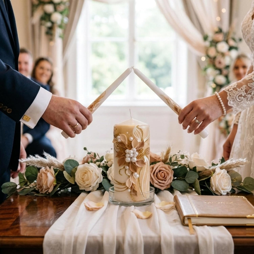 Unity Candle Set for Wedding Ceremony – 6” Pillar & Two 10” Taper Candles – Long Burning Wedding Unity Candles for Reception Marriage Ritual & Home Decor - Handmade in USA – White | Gold