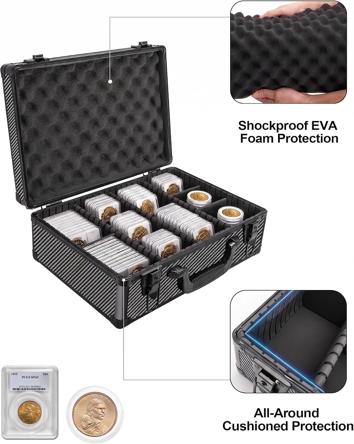 LOCKCURX Carbon Fiber Coin Collection Case, 120 Slab & 1400 Capsule