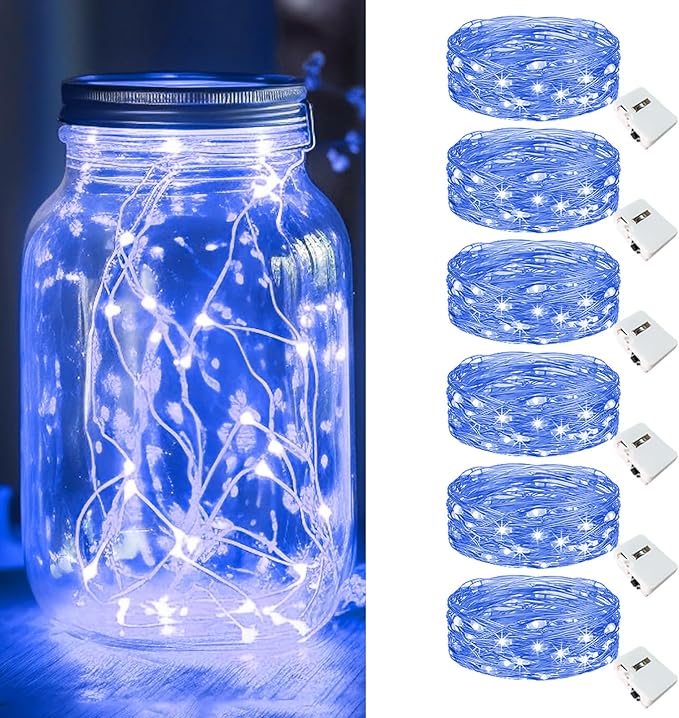 kolpop 6 Pack LED Fairy Lights Battery Operated, Mini Twinkle String Lights Battery Powered Waterproof for Christmas Mason Jars Party,Blue