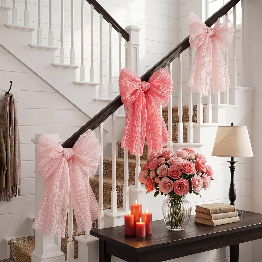 3 Pcs Large Shimmer Pleated Gauze Bows, 14 x 16 Inch Pink Glitter Mesh Bow Decorations for Coquette Room Decor, Aesthetic Wall Decor for Wedding, Graduation, Birthday Backdrop, DIY Kit