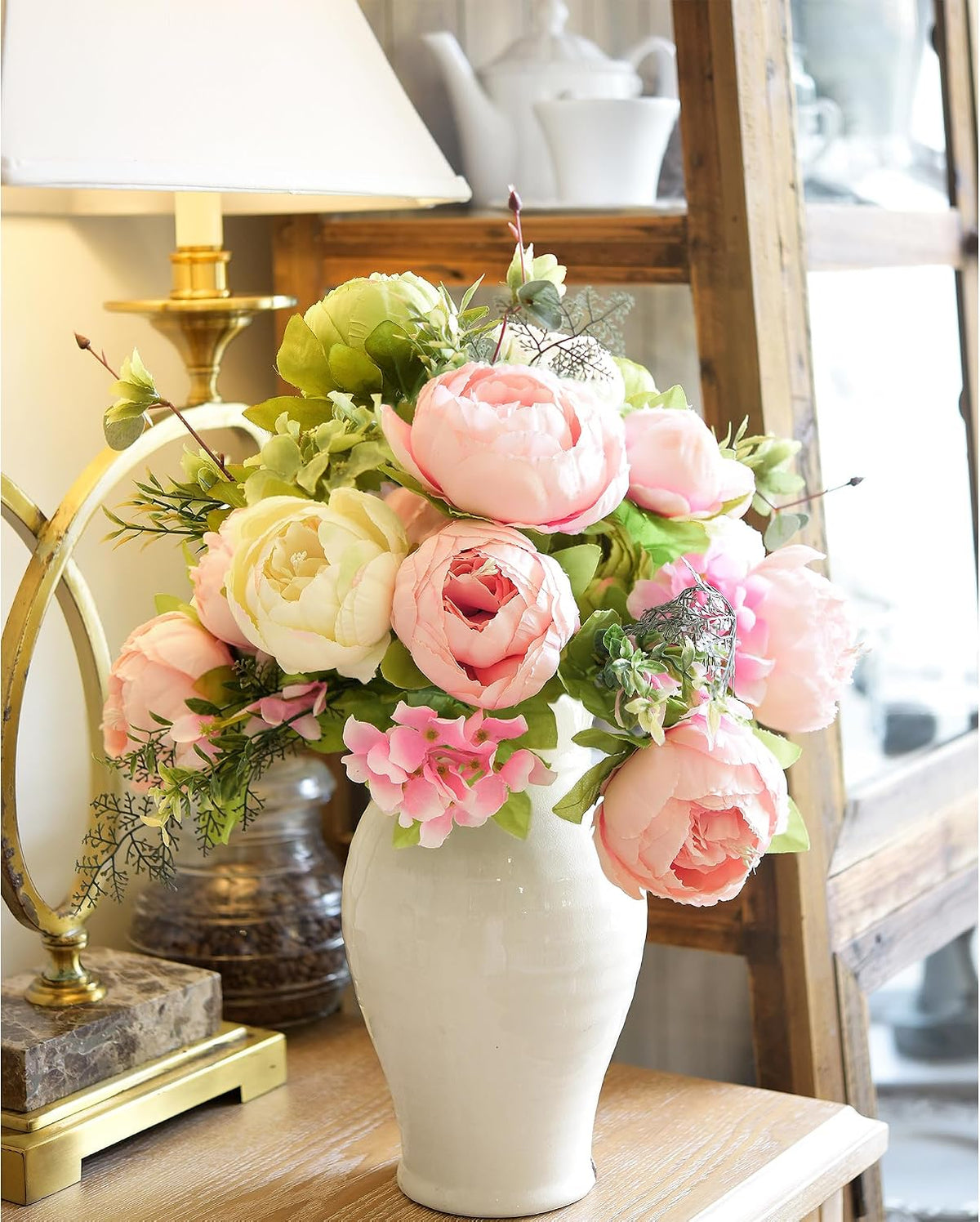 FiveSeasonStuff Artificial Peony Bouquet, Pink, Beige & Green Silk Flower...