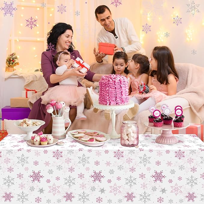 3 Pcs Christmas Snowflake Party Tablecloths Decorations,Plastic Pink Winter Onederland Rectangle Table Cover for Christmas New Year Girls 1st Birthday Baby Shower Holiday Party Decorations,54x108 inch