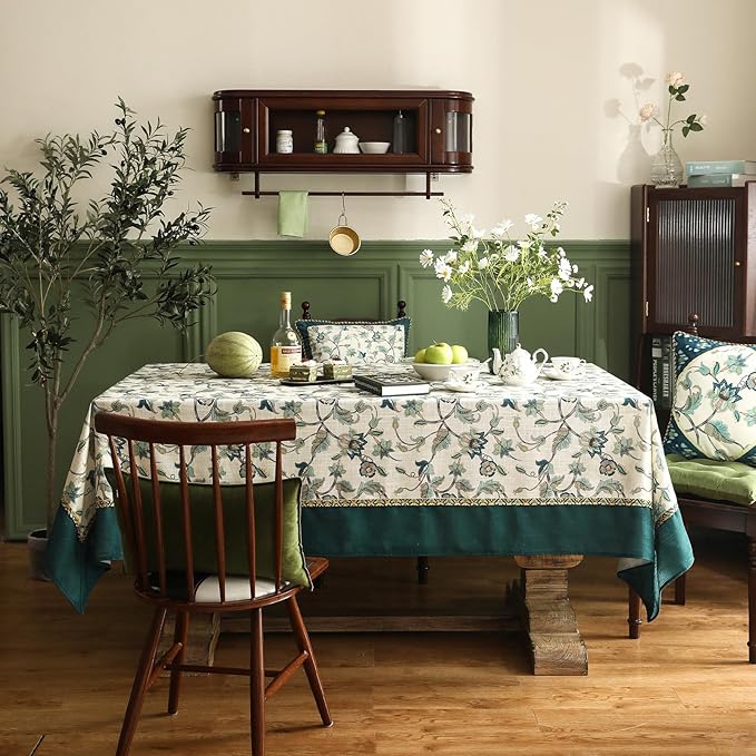 patdrea Designer Green Linen Extra Long Rectangle Tablecloth,Vintage Floral Pattern Breathable Table Cloth,Cover Decor for Kitchen Dining,Christmas,Thanksgiving,Holiday,Tea Party,63"x110"-Noah