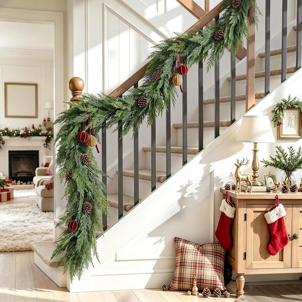 12ft 1pcs prelit realistic faux pine cedar garland, close-up detail