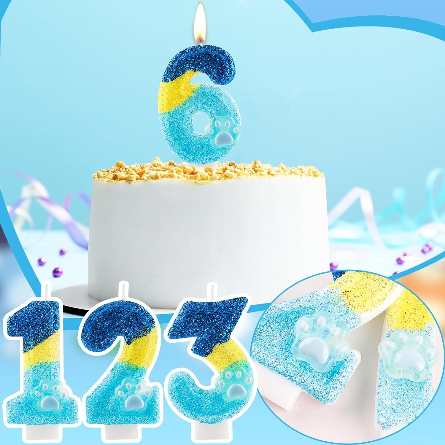 Glitter Dog and Cat 3rd Birthday Candle Blue Numbers 3 Candle Paw Cake Topper Cupcake Decorations for Pet Theme Party Decor Anniversary Celebrations Supplies