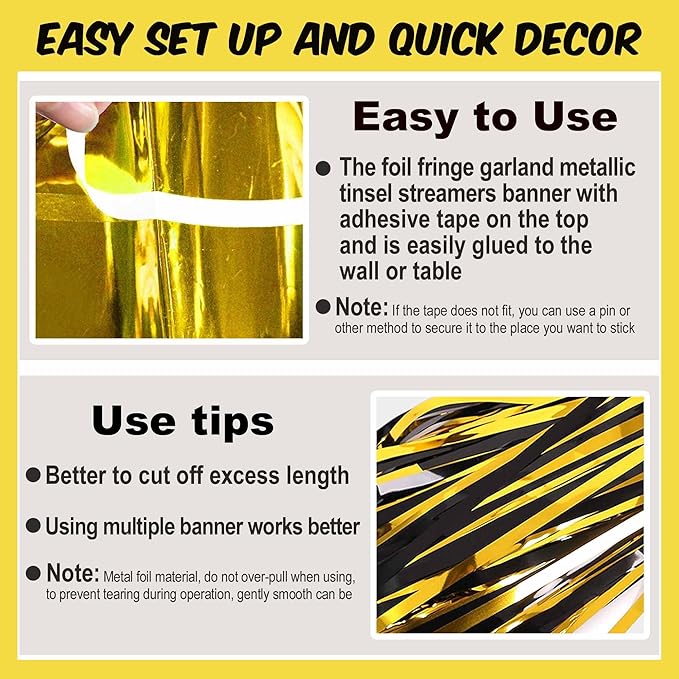 4 Pack 10 Ft Black and Gold Foil Fringe Garland Metallic Streamers Tinsel Banner Wall Hanging Garland Backdrop for Parade Floats, Halloween, Christmas, Thanksgiving, New Year Party Decorations
