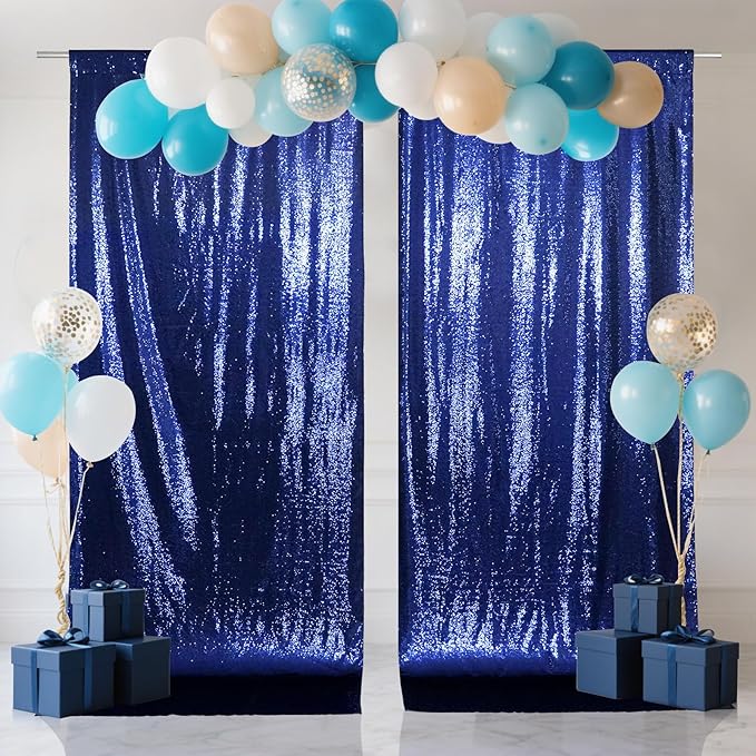 SquarePie Sequin Backdrop Curtain 8FT x 10FT Navy Blue Satin Backing Fabric Photography Background for Wedding Patry 4FT x 10FT 2 Panels