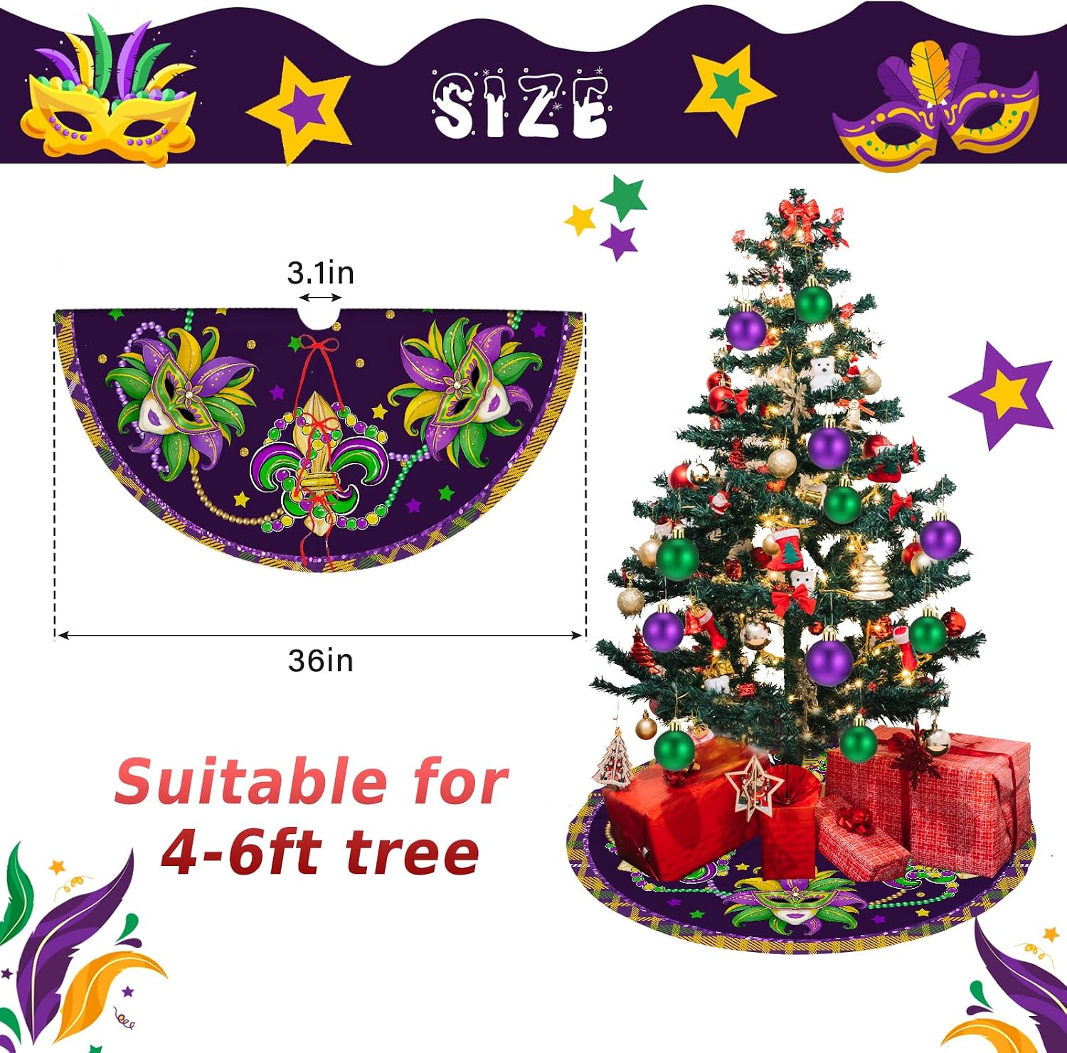 Mardi Gras Tree Skirt 36in - Mardi Gras Christmas Tree Decor Ornament for Mask Beads Feather Purple Carnival Christmas Trees Mat Decorations for Home Holiday Party