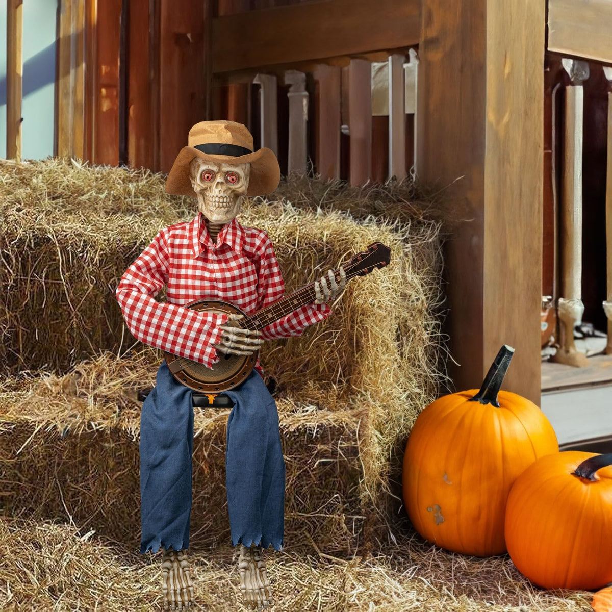 Halloween Animatronics Banjo Skeletons Decorations, Animated Skull with Sound...
