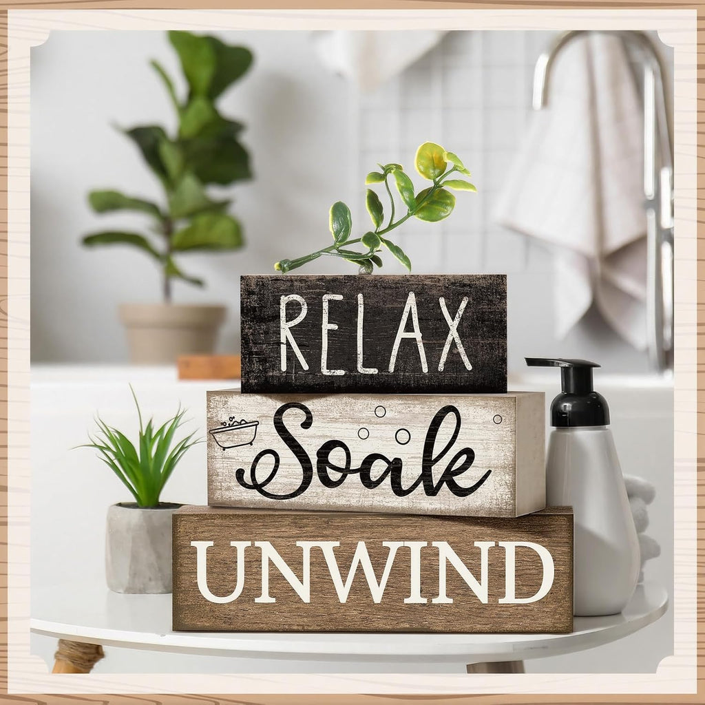 Moucuny 4 Pcs Bathroom Shelf Decor Sign Farmhouse Bathroom Decor and Accessories Rustic Eucalyptus Leaves Wood Block Sign Gift Relax Soak Unwind Farmhouse Table Centerpiece for Home Toilet