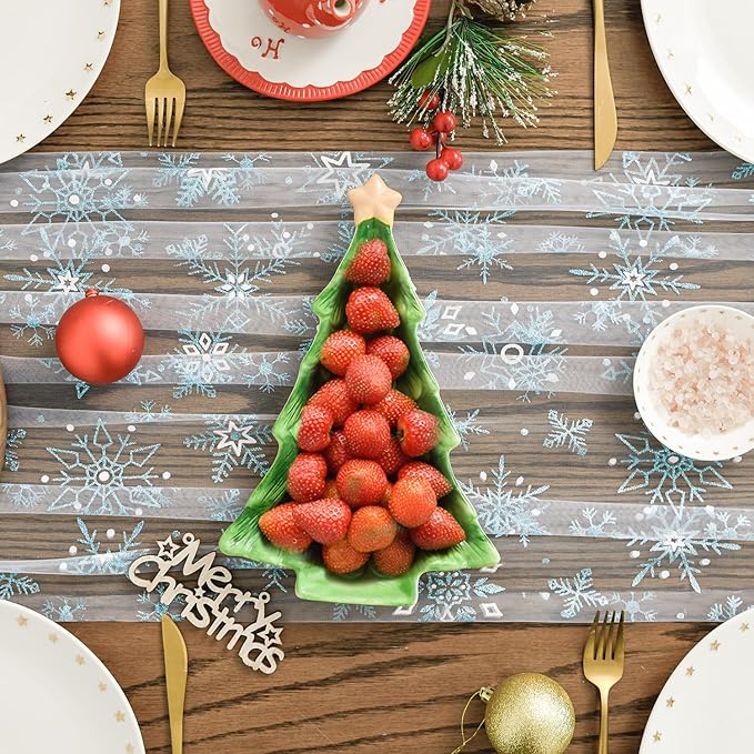 Artoid Mode Blue Snowflakes Merry Christmas Gauze Table Runner 120 Inch 10FT, Winter Seasonal Sheer Dining Holiday Wedding Table Decor for Home Party