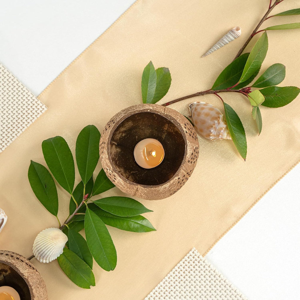 Restaurantware-Coco Casa 4 x 3.3 Inch Coconut Shell Candle Holders, 10 Reusable Tealight Holders - Candle Not Included, Leaf Pattern, Brown Coconut Bowls For Candles, Handcrafted