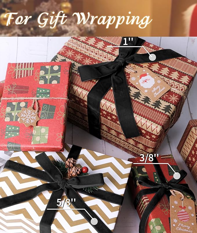 Black Velvet Ribbon 5/8'' 25 Yards for Christmas Tree, Gift Wrapping, Flower Bouquet, Wreath Decorations, Bow Making
