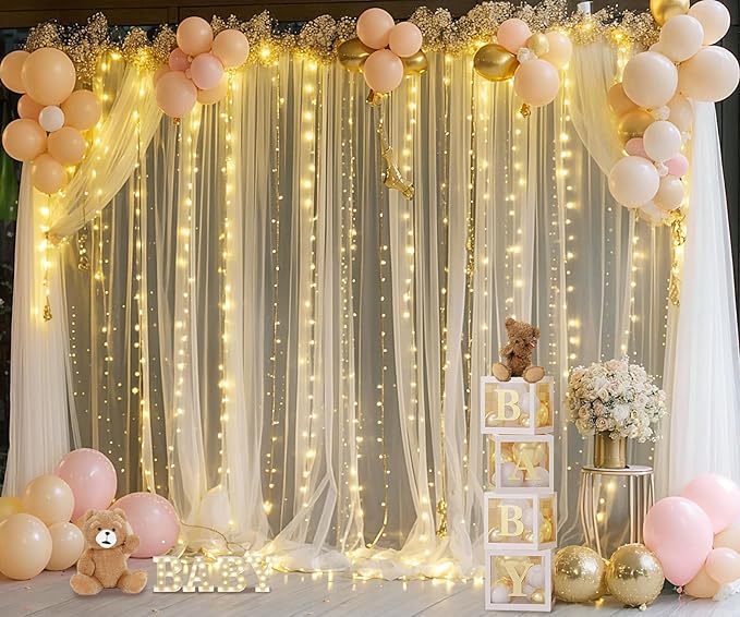 Champagne Tulle Photo Backdrop Curtain with Lights String for Parties Wedding Bridal Shower Sheer Champagne Curtain Backdrop for Birthday Party Baby Shower Photo Booth Photography 20ft x 10ft