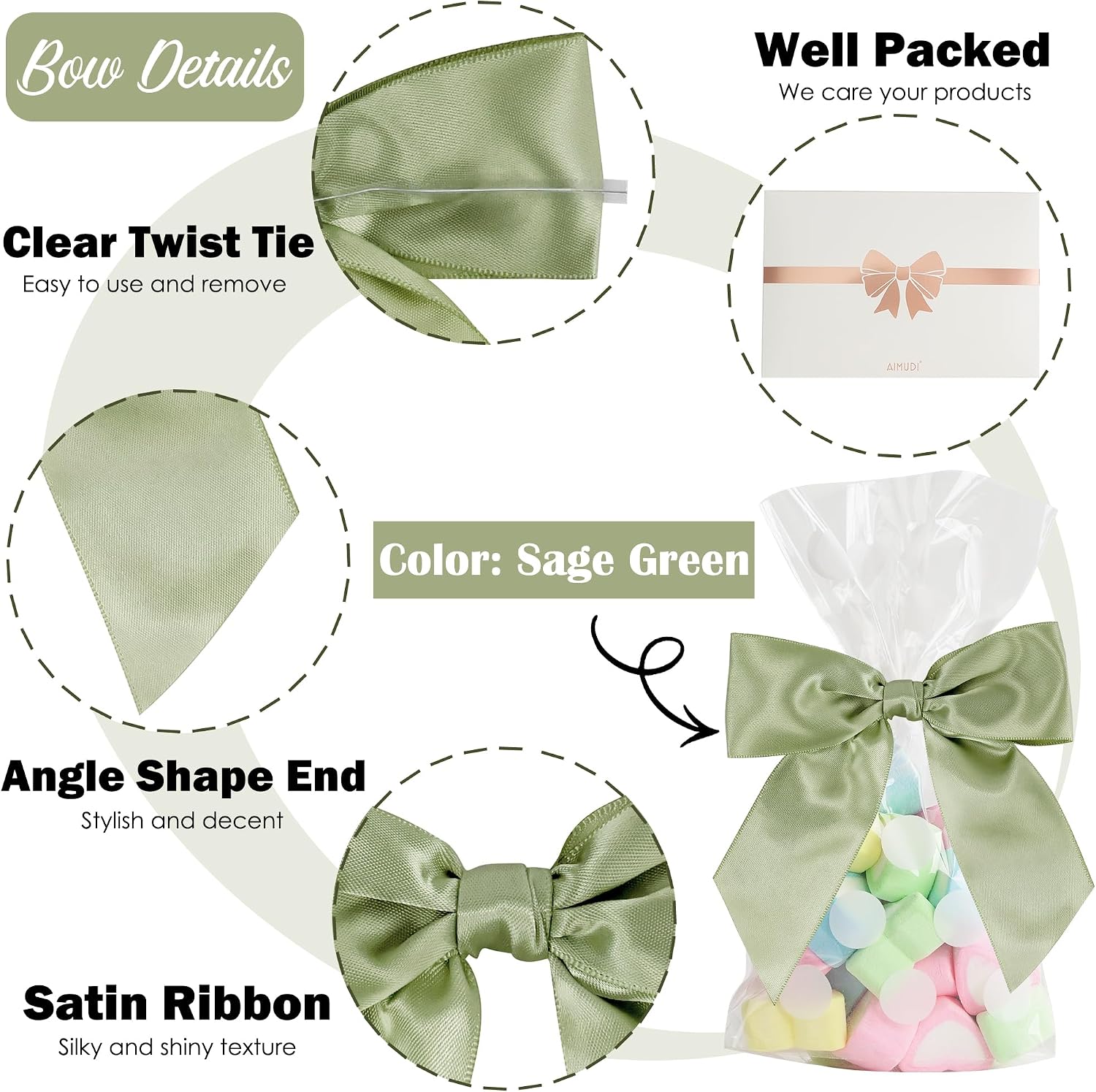AIMUDI Sage Green Bows - 4.5" Pre-Tied Ribbon Bows for Wedding, Baby Shower, Bridal Shower & Party Favor - 36 PCs
