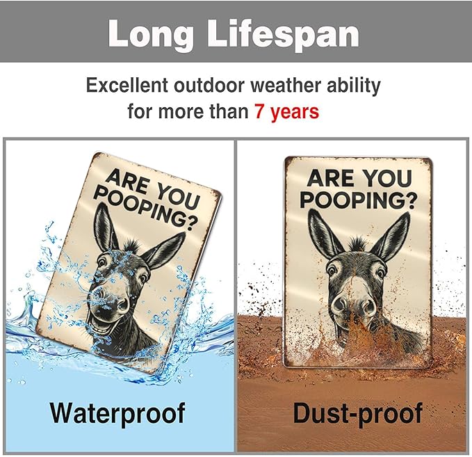 Funny Donkey Bathroom Sign - "Are You Pooping?" Rustic Metal Tin Sign for Toilet, Restroom, Farmhouse Humor Decor - 8"x12" Wall Art Gift