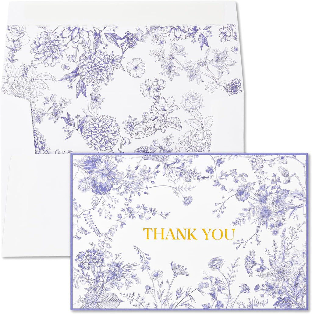 Crisky Purple Floral Thank You Cards with Envelopes, 50 Pack Lavender Wedding Thank You Notes Bulk for Bridal Shower Baby Shower Business Graduation, All Occasion
