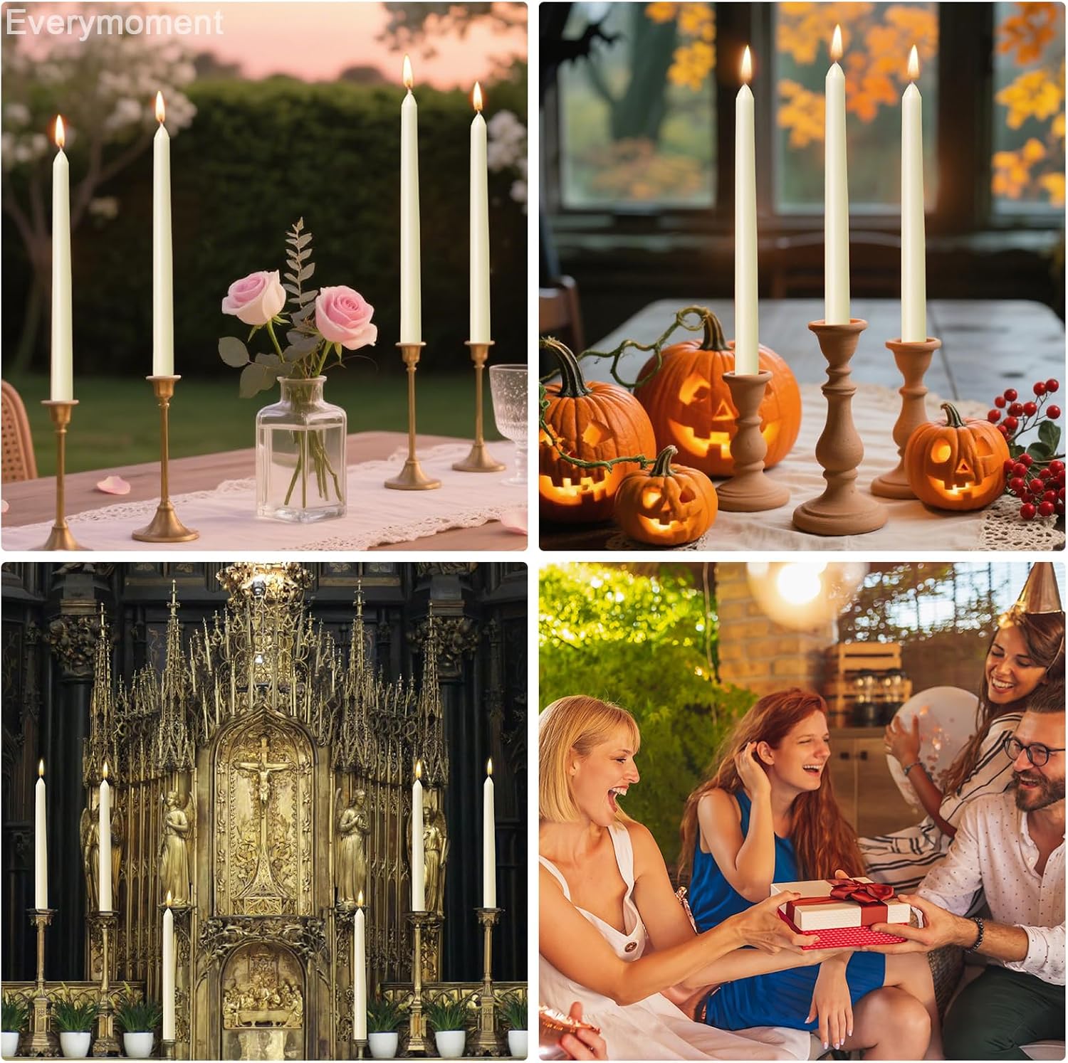 Everymoment Ivory Taper Candles - 4 Pack 10 Inch Candlesticks - Dripless & Smokeless Tapered Candle 8 Hours Unscented Cream Candle Sticks - Perfect for Wedding Holiday Dinner Party Home Decor