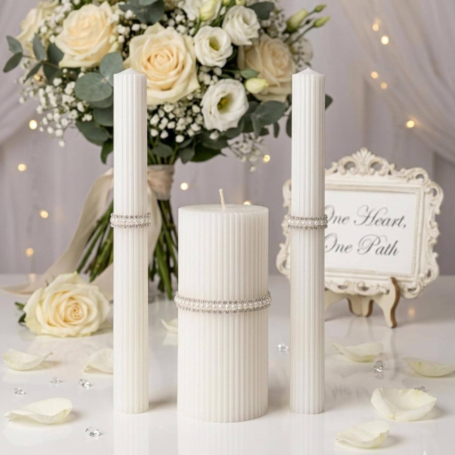Unity Candle Set - Wedding Ceremony & Reception – 6” Pillar & Two 10” Taper Candles – Long Burning Unity Candles for Marriage Ritual & Home Decor– Handmade in USA – King|White