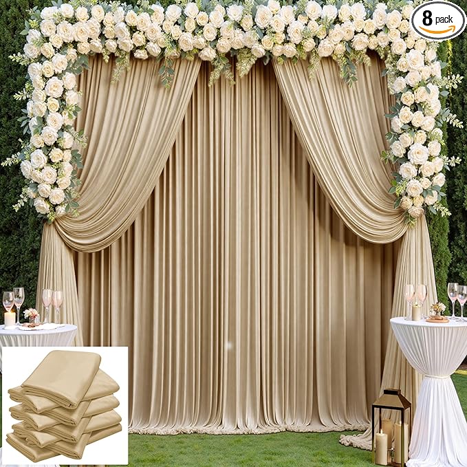 40×14 ft Wrinkle Free Beige Backdrop Curtain for Weddings Parties, 8 Panels 14ft Silky Polyester Wedding Drapes Backdrop Photo Back Drop Cloth for Birthday Baby Shower Photography Backgrounds