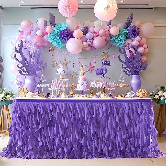 PARTISKY Mermaid Purple Tulle Curly Willow Table Skirt for Rectangle Table 9ft, Ruffle Tutu Table Cloth for Girls Boys Baby Shower,Mermaid Birthday Party