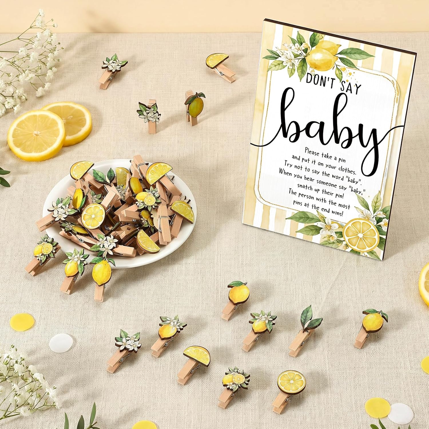 Unittype 51 Pcs Don't Say Baby Shower Game Supplies Include Baby Shower Sign and 50 Mini Clothespins for Boys Girls Gender Reveal Party Game Prizes (Lemon)