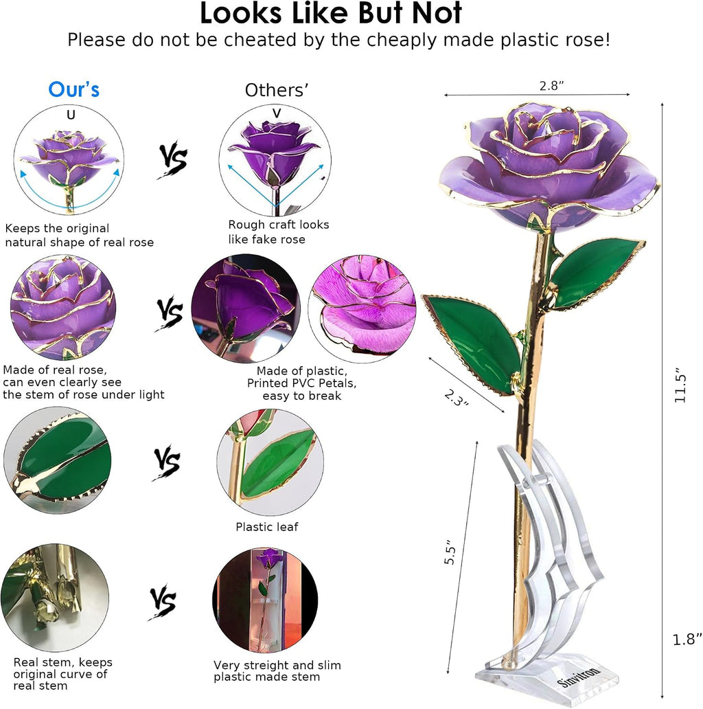 Sinvitron Gold Dipped Infinity Rose - Eternal Resin-Preserved Rose | Forever Flower Decor for Birthdays, Mother’s Day, Anniversaries | Unique Gift for Women, Mom, Wife (Lavender Purple)