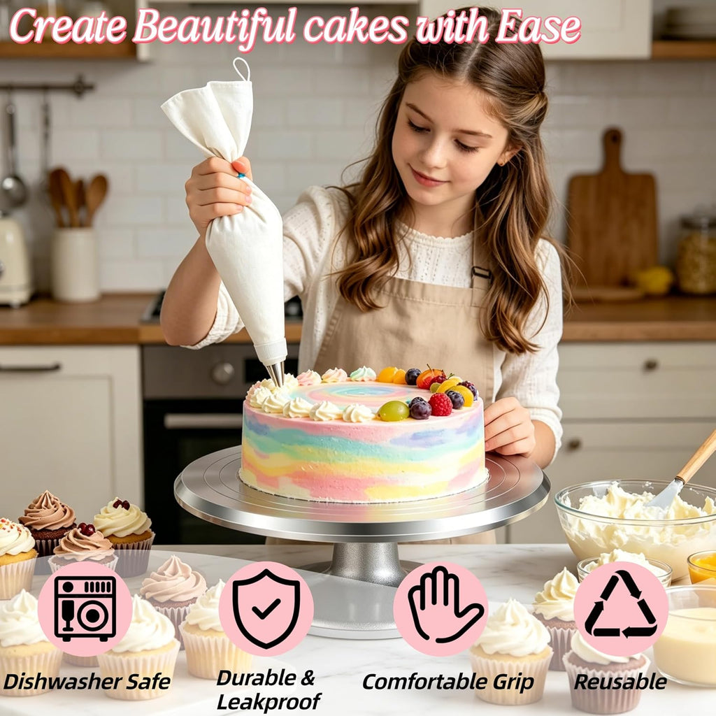 14 Pcs Reusable Piping Bags and Tips Set – 16 inch Cotton Pastry Bags for Cake Decorating, Cupcakes & Cookies with Stainless Steel Large Frosting Tips –Eco-Friendly Baking Kit for Home Bakers & Chefs