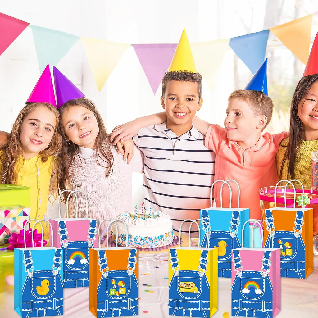 24Pcs English Teacher Party Gift Bags Cartoon Teacher Birthday Party Decorations Supplies Cartoon Girls Fans Treat Bag Rainbow ABC Bus Paper Goodie Bags with Handles for Kids Birthday Classroom Decor