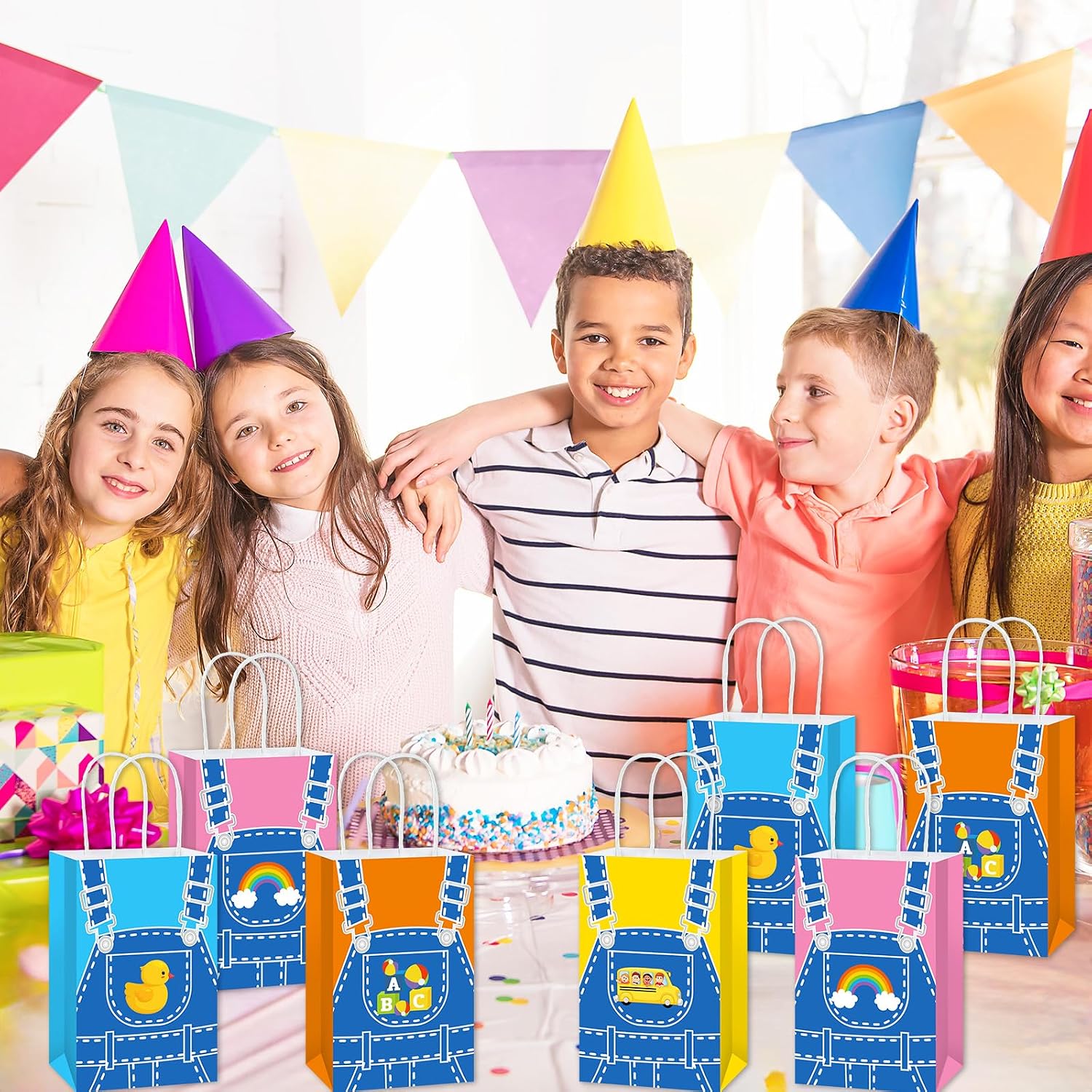 24Pcs English Teacher Party Gift Bags Cartoon Teacher Birthday Party Decorations Supplies Cartoon Girls Fans Treat Bag Rainbow ABC Bus Paper Goodie Bags with Handles for Kids Birthday Classroom Decor