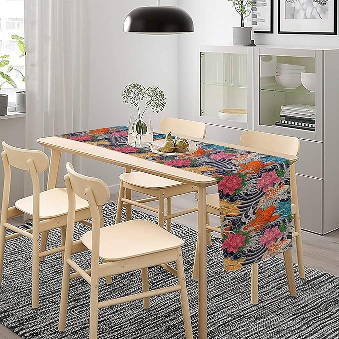 Japanese Retro Flowers Table Runner Oriental Tradition Kio Fish Art Printed Burlap Runner Home Kitchen Dining Table Living Room Decor Fabric 1 Panel W13xL70in