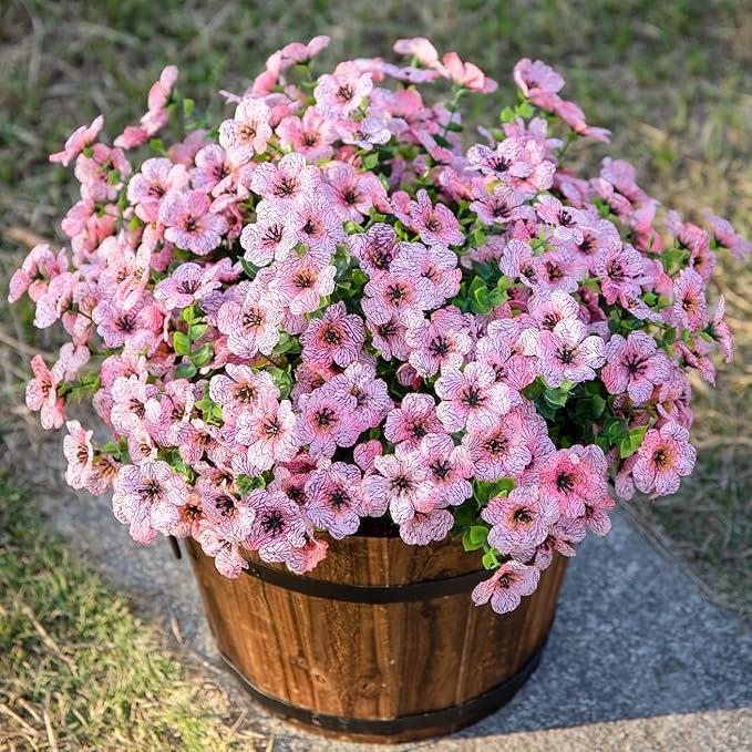 HyeFlora Artificial Flowers for Outdoor Indoor Garden Home Decoration, Faux Flower Daisy with Eucalyptus Leaves Fake Plants Greenery Boxwood Porch Patio, 12 Bundles (Pink)