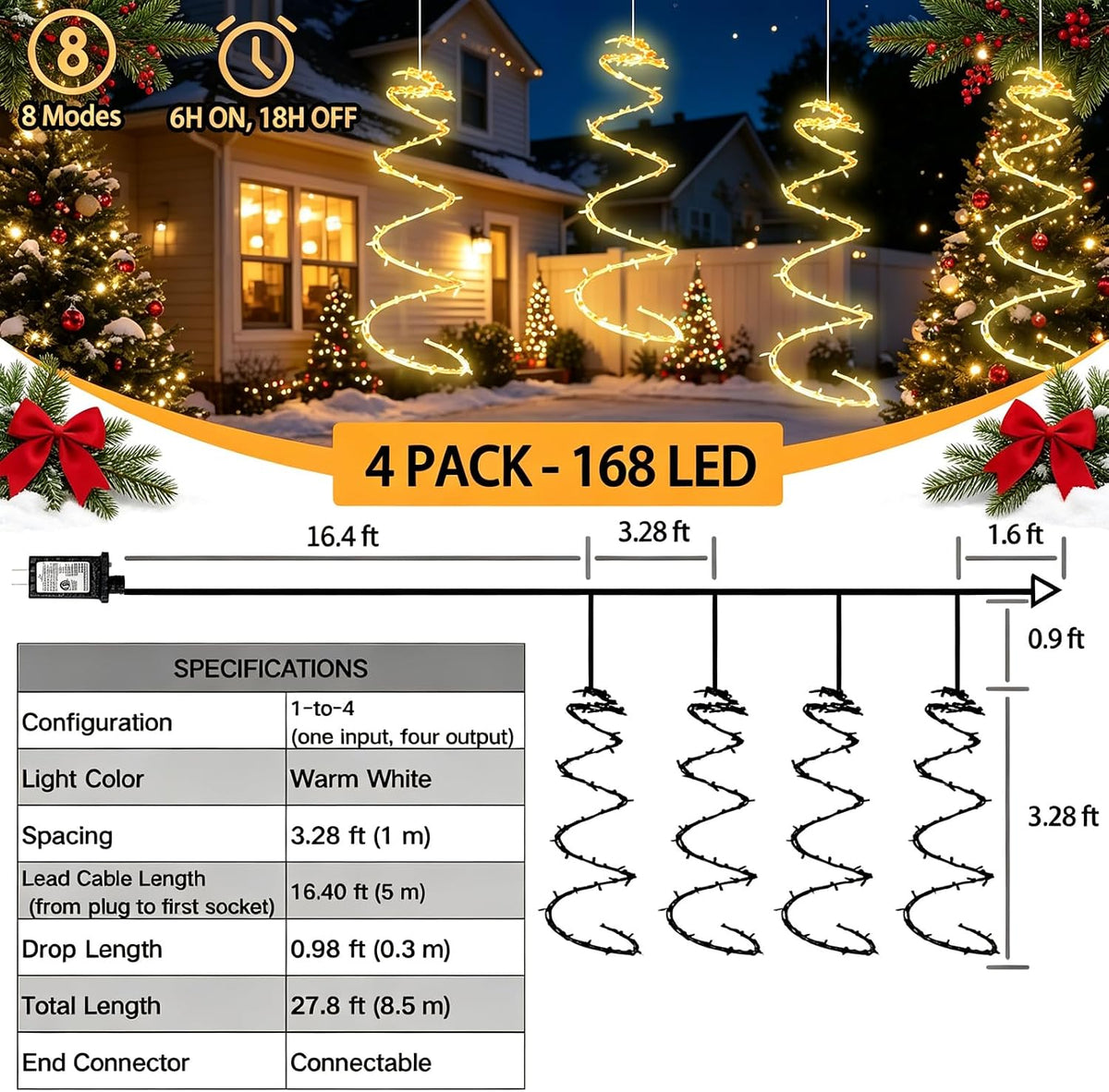 168 led spiral christmas tree hanging lights, warm shown in use
