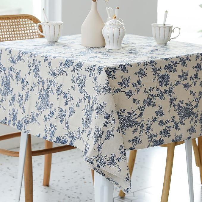 Pastoral Square Tablecloth - 60 x 60 Inch - Beige Linen Table Cloth - Washable Table Cover with Dust-Proof Wrinkle Resistant for Restaurant, Picnic, Indoor and Outdoor Dining, Floral (Dark Blue)