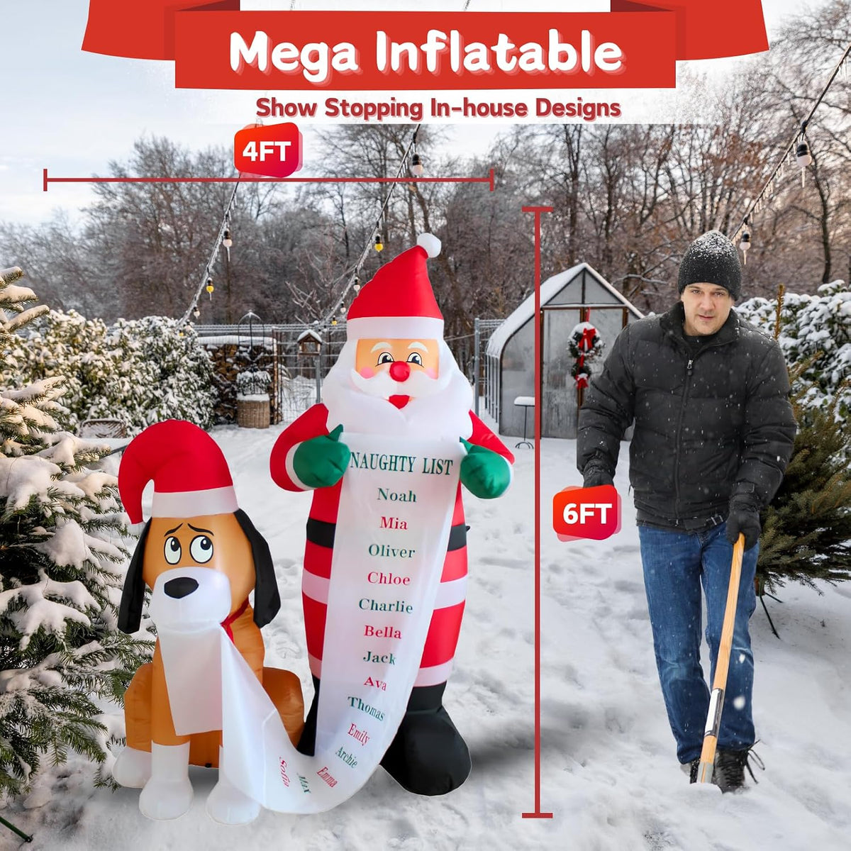 pts 6ft inflatable santa with dog outdoor decoration showing dimensions