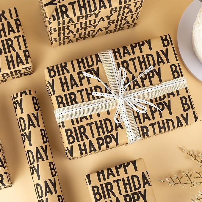 Yarcony Birthday Kraft Wrapping Paper Roll, Mens Gift Wrapping Paper - 17 Inch x 33 Feet - Vintage Style Brown Black Happy Birthday Gift Wrap Thick Present Sheet for Holiday, Party, Father's Day