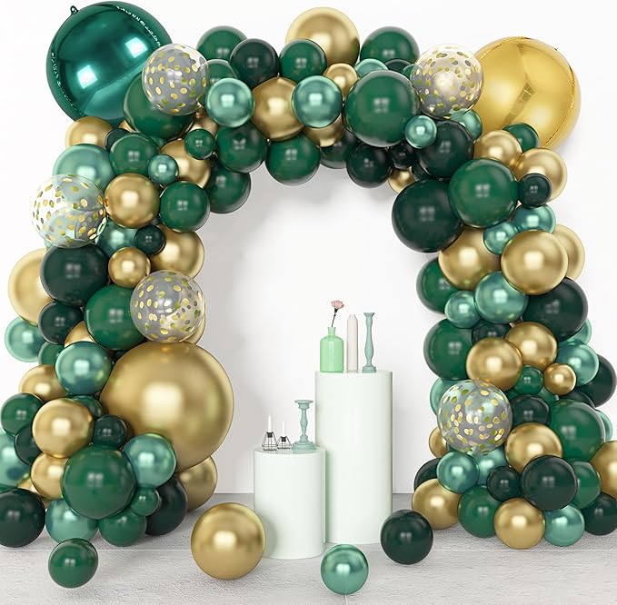 Amandir 153pcs Green and Gold Balloon Garland Arch Kit, Different Sizes 18 12 10 5 inch Green Latex Metallic Confetti Balloons for Graduation Birthday Anniversary Safari Party Decoration Supplies