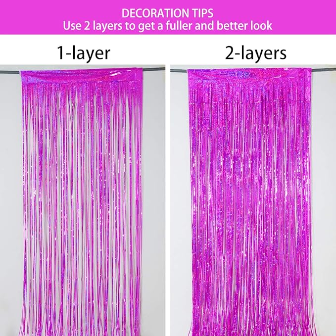 Valentine Backdrop Foil Fringe Curtains Party Decorations - Melsan 3 Pack 3.2 x 8.2 ft Tinsel Curtain Party Photo Backdrop for Birthday Party Baby Shower or Graduation Decorations Rose Red