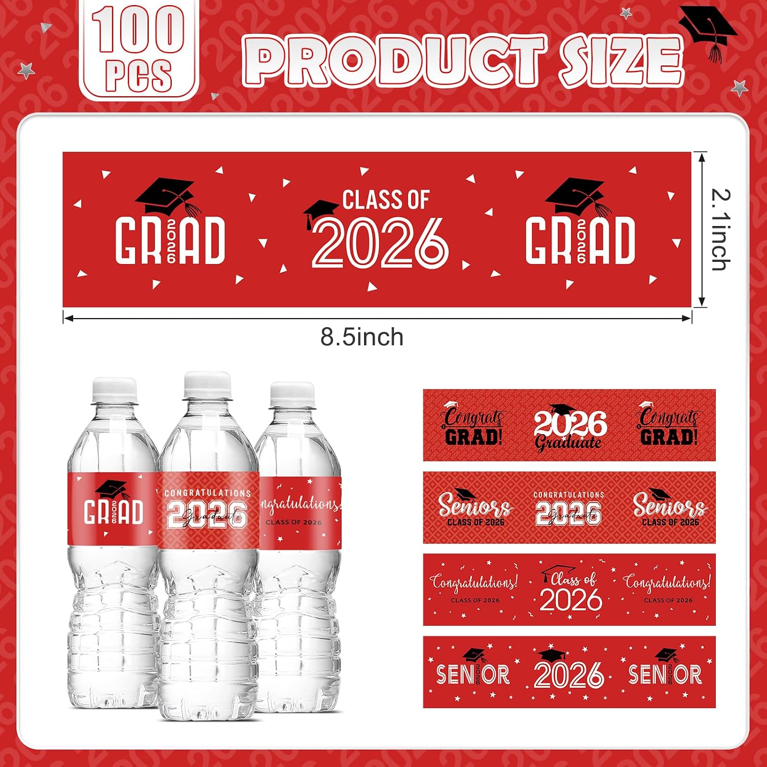 MASHAN 50 Pcs Class of 2026 Graduation Water Bottle Labels Party Decorations, Congrats Grad Water Bottle Wrapper Stickers, Graduation Party Favor Supplies for College Senior High School, Red