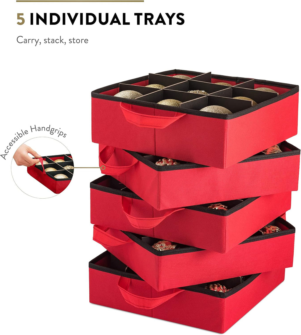 ZOBER All in One Christmas Ornament Storage Box & Decoration Container - Easy Access Removable Trays, Keeps 73 Ornaments - Adjustable Extent Area for Figurines and Pockets for Decoration - Red