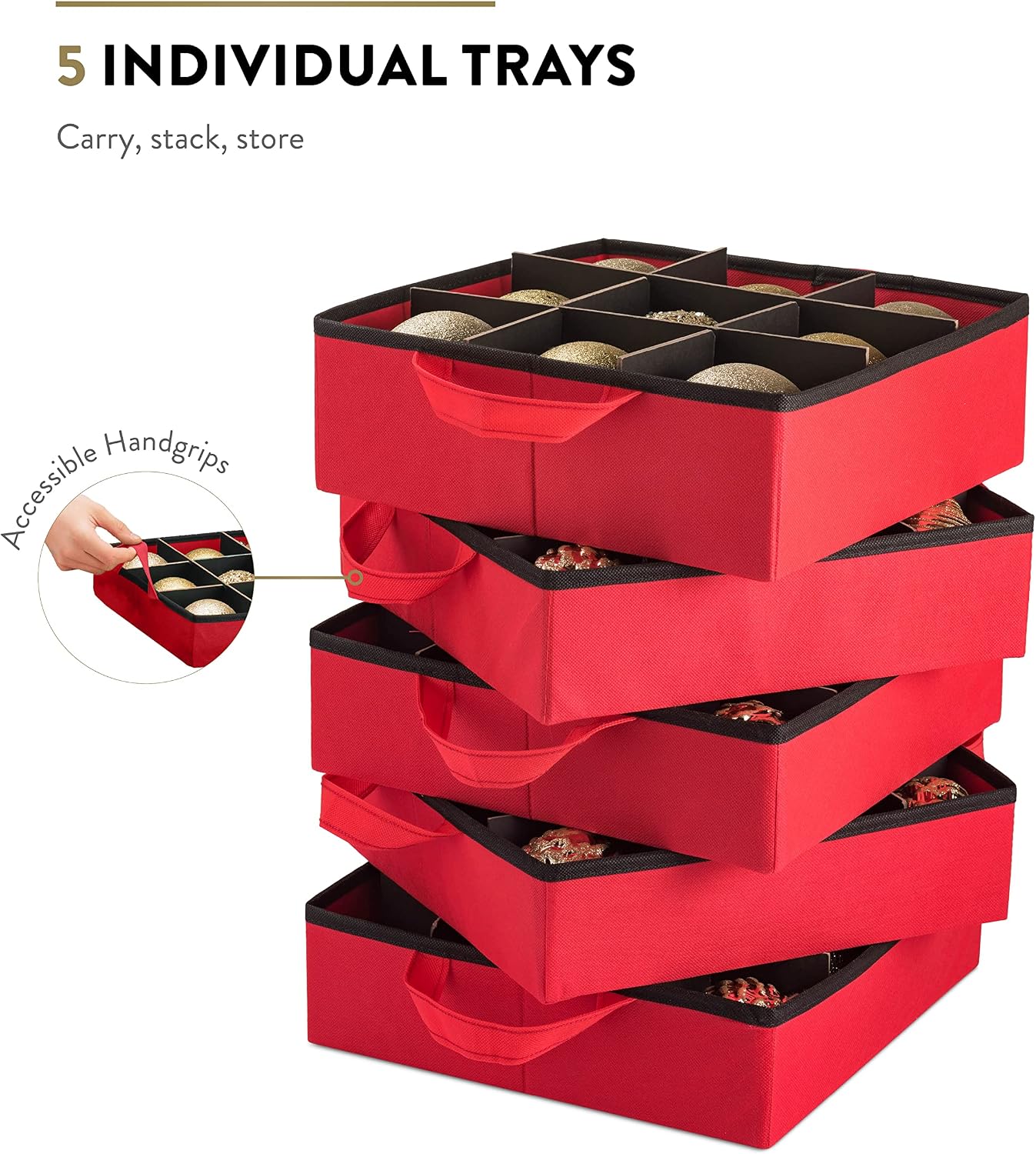 ZOBER All in One Christmas Ornament Storage Box & Decoration Container - Easy Access Removable Trays, Keeps 73 Ornaments - Adjustable Extent Area for Figurines and Pockets for Decoration - Red