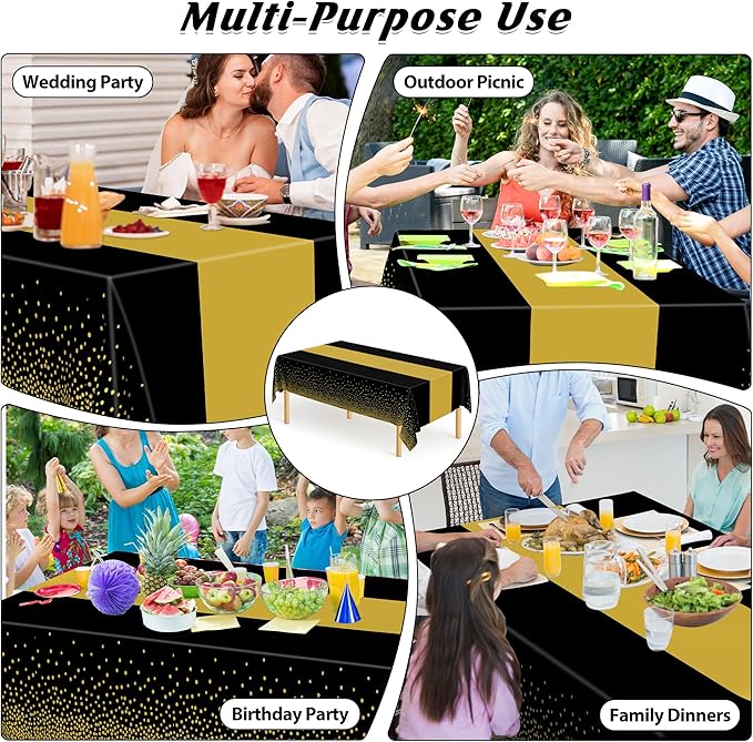 QZYL 12Pack Plastic Table Cloth Disposable, 54" x 108" Waterproof Black Table Cloths with Gold Dots, Outdoor Tablecloth for Rectangle, Table Cloth Cover for New Years Eve Decorations Holiday Birthday