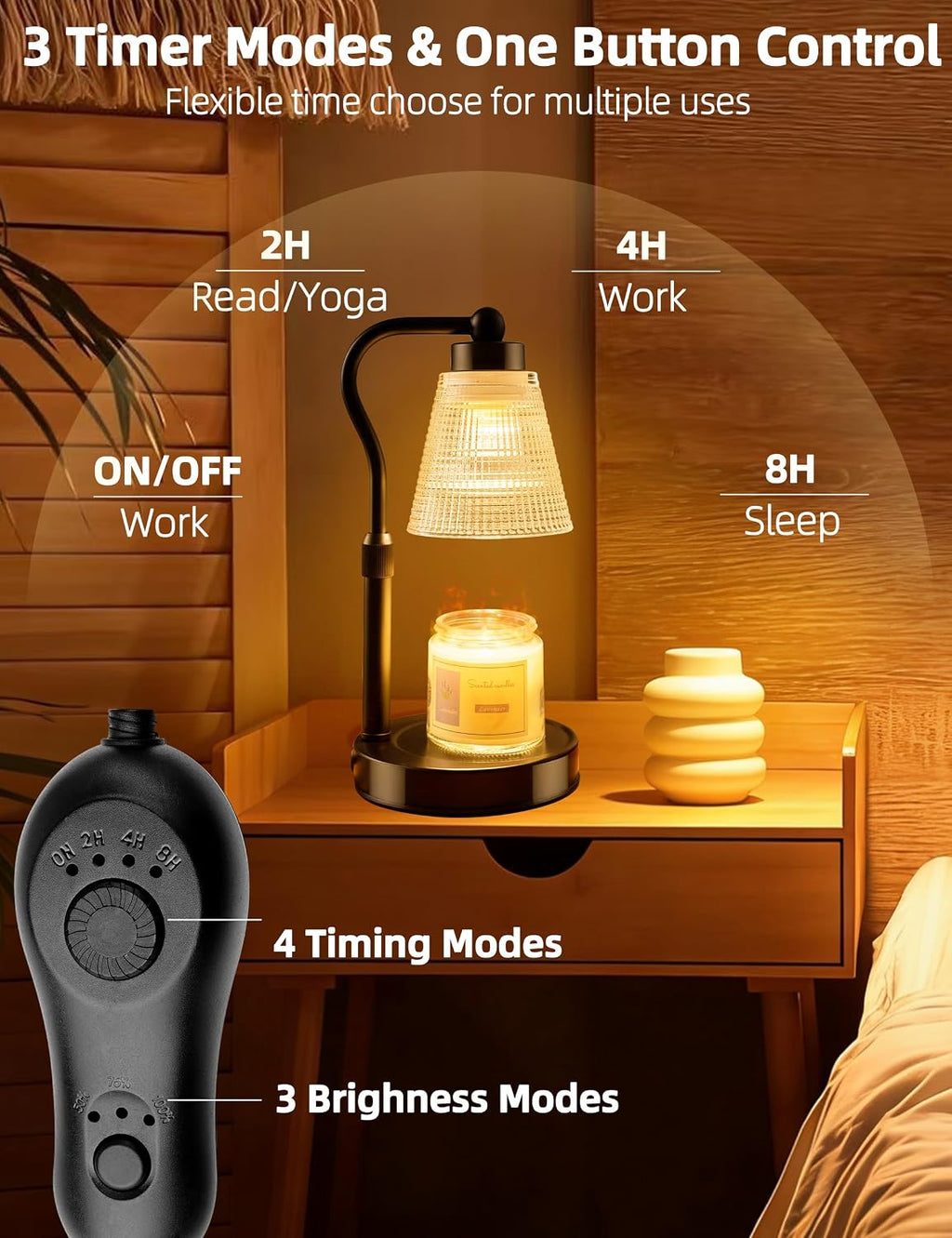 Candle Warmer Lamp for Jar Candles, Height Adjustable & Dimmable with 2/4/8H Timer, 2*50W Halogen Wax Melter Warmer for Home Office Décor, Flameless & Smokeless, Gift for Women Mom, Black-Clear/1 Pack