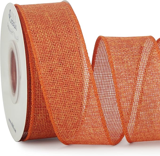 Ribbli Orange Burlap Wired Ribbon,1-1/2 Inch x 10 Yard,Wired Edge Ribbon for Big Bow,Wreath,Tree Decoration,Outdoor Decoration
