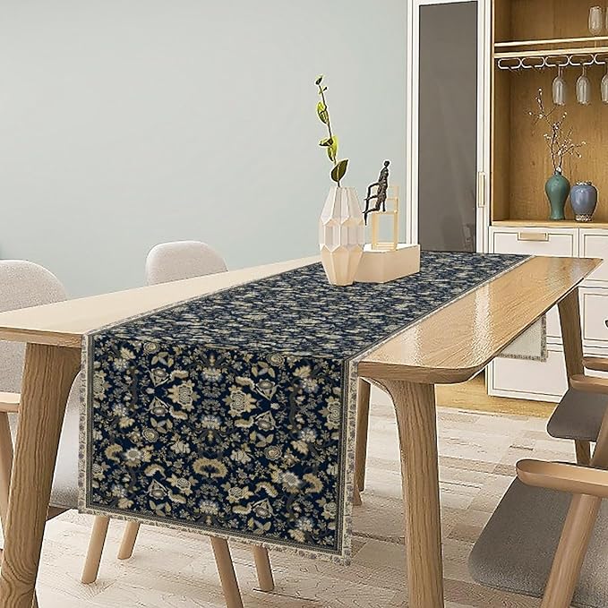 Vintage Boho Floral Table Runner, Morris Rustic Country Farmhouse Dark Blue Grey Retro Flower Pattern for Home Kitchen Table Decor Dining Coffee Room Party Decor 13x60in