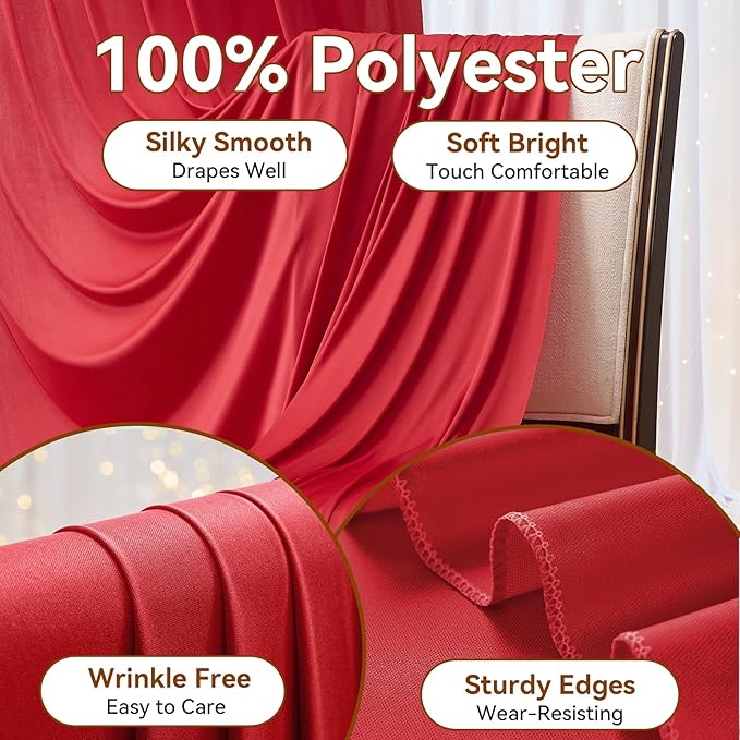 10×12ft Wrinkle Free Red Backdrop Curtain for Wedding Parties,2 Panels 5×12ft Long Soft Silky Polyester Backdrop Drapes Red Photo Back Drop Curtains for Photography Stage Christmas Background Cloth