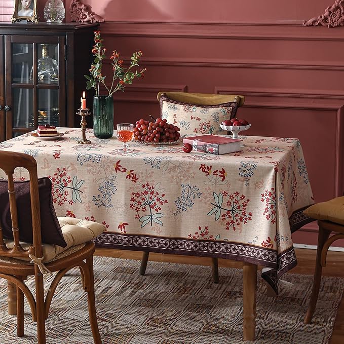 patdrea Designer French Linen Long Rectangle Tablecloth for Rectangle Table,Vintage Red Floral Tablecloths,Table Cover for Kitchen Dining,Tea Party,Christmas,Thanksgiving,Holiday,63"x102"-Newmari