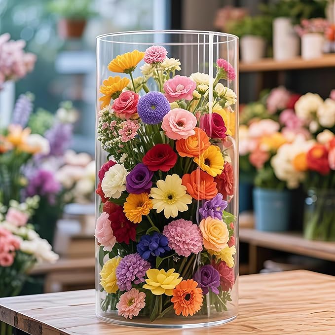 Extra Large Acrylic Cylinder Clear Vase for Floor, Tall Big Wide Mouth Plastic Unbreakable Hurricane Flower Vases of 3 for Home Decor (D 8" X H 19.7", D 6", D 4.8" + 2 Holder)